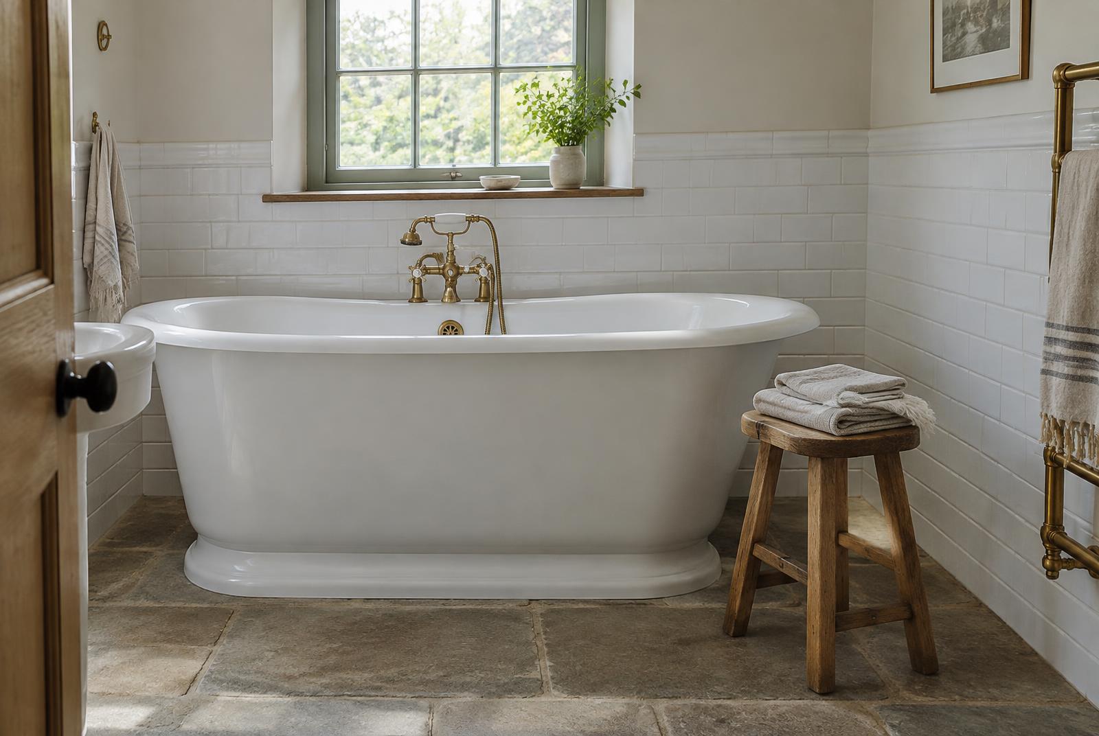 Bathroom with freestanding roll-top bath and brass taps