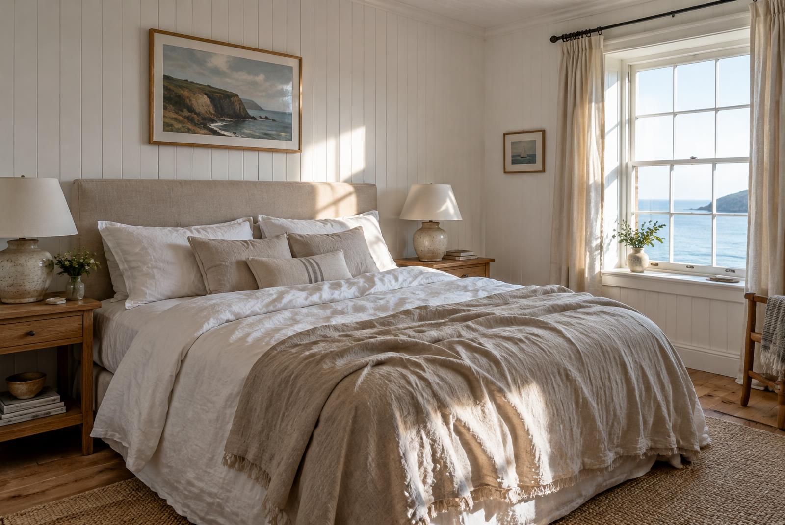 Main bedroom with king bed in white linen and a sea-view window