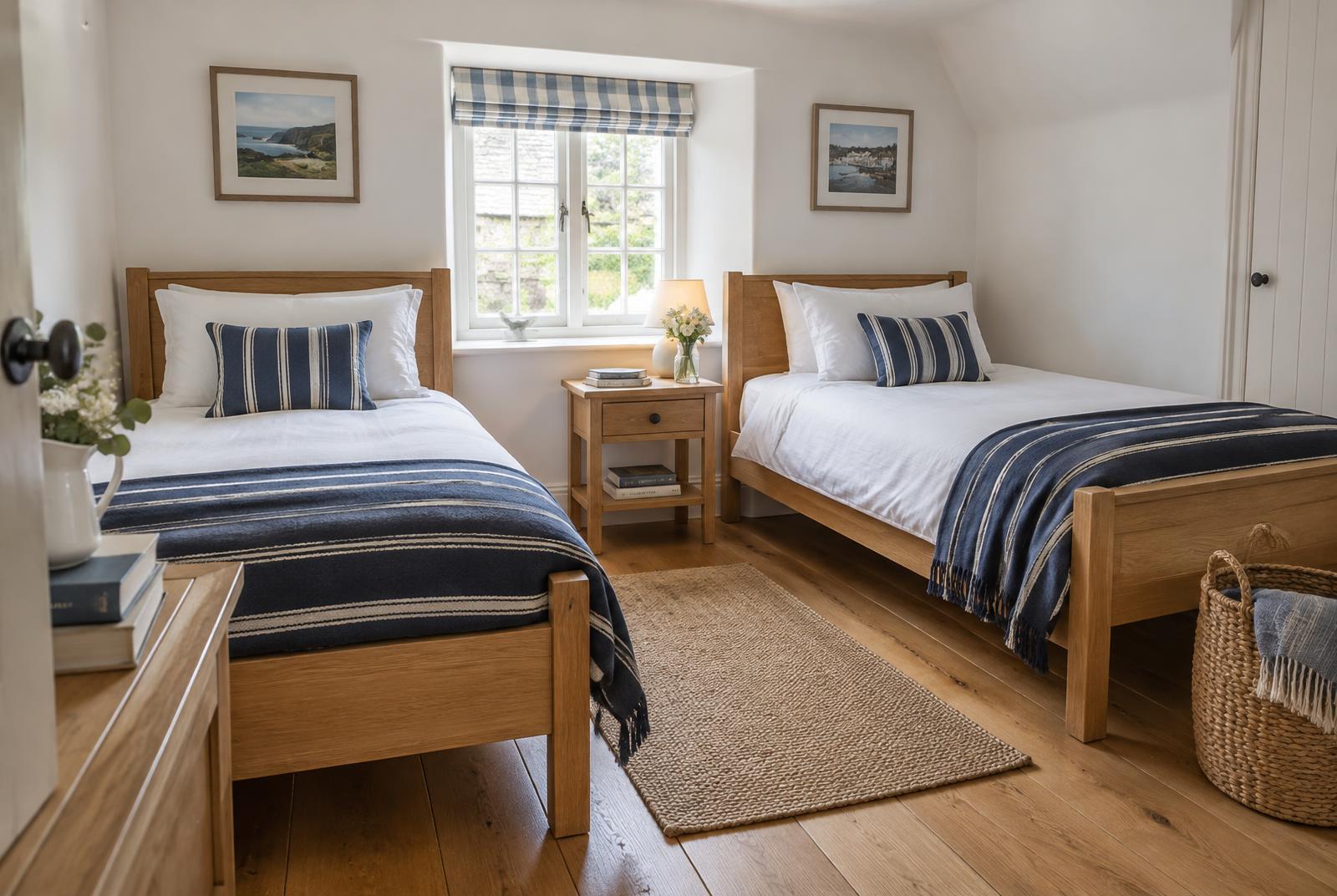 Twin bedroom with two oak single beds and navy striped throws