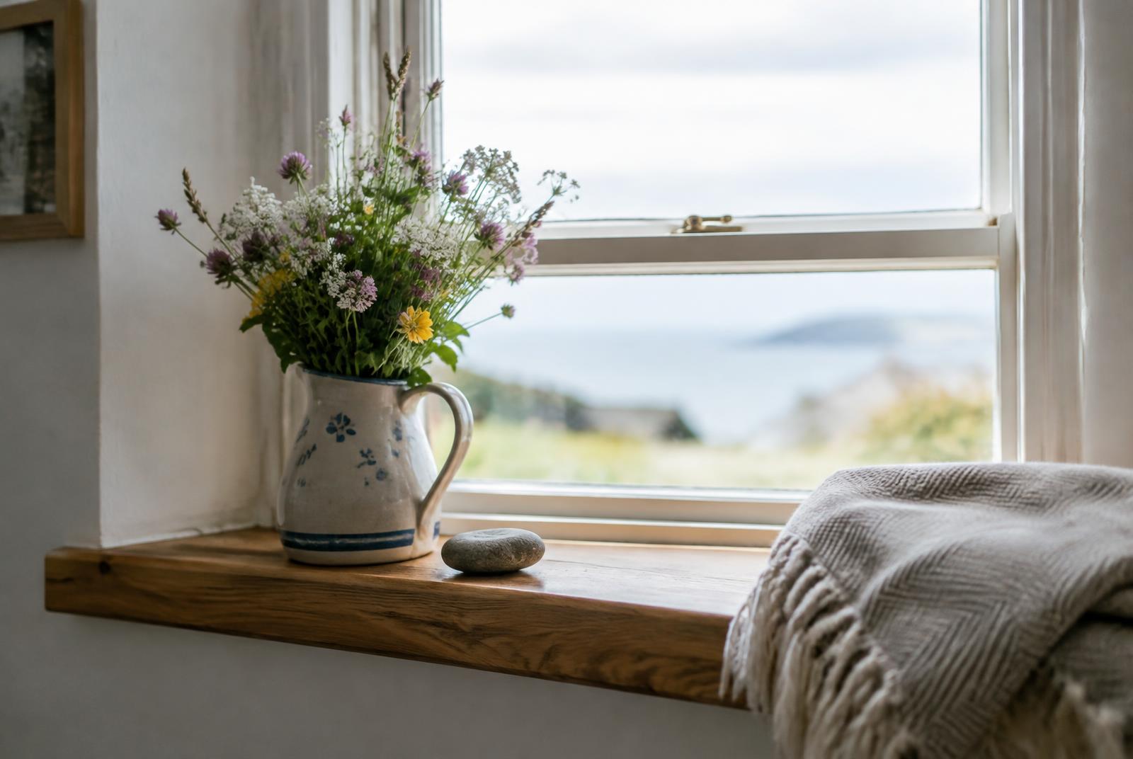 Wildflowers in a jug on an oak windowsill overlooking the sea