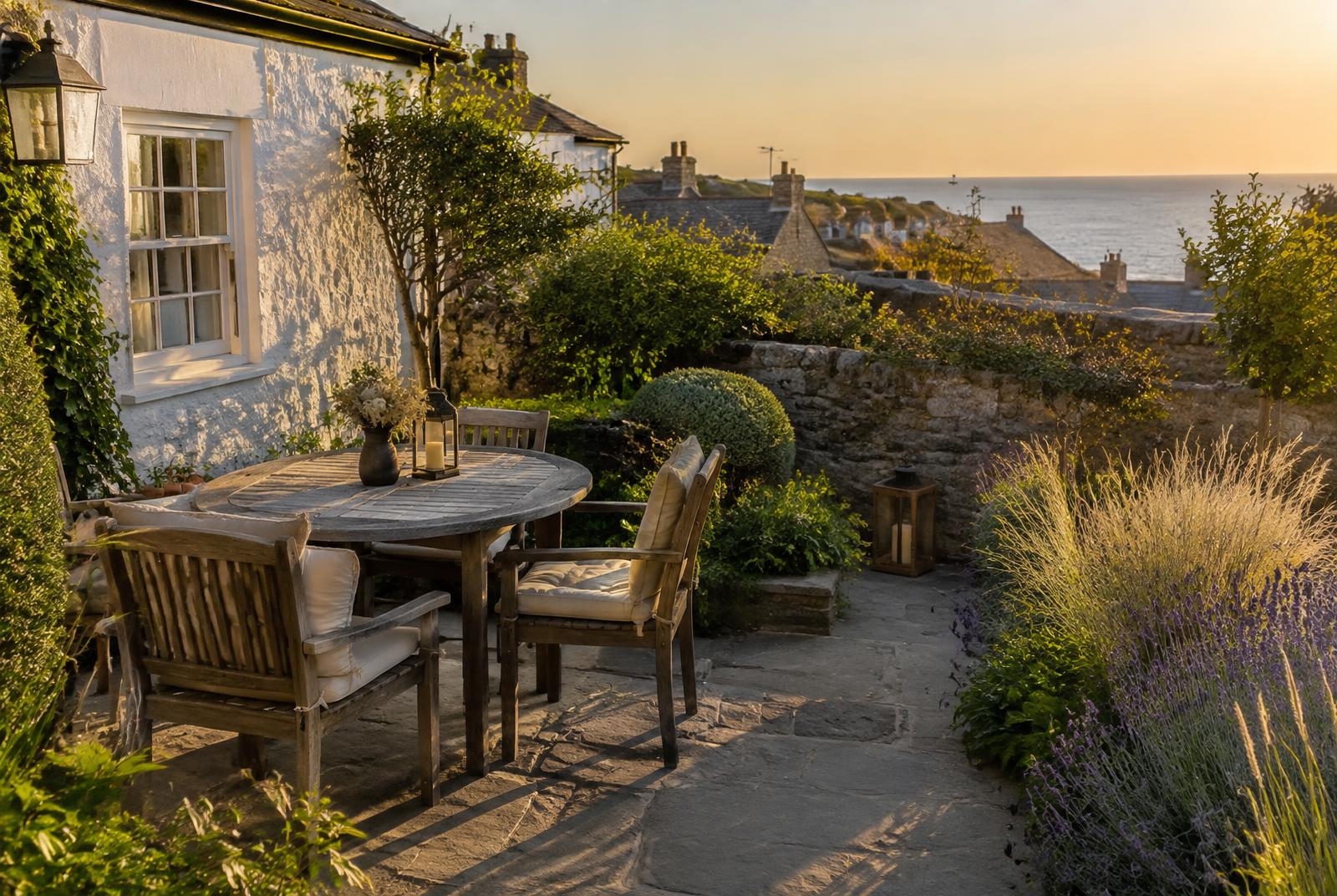 Walled cottage garden with stone patio and table at sunset