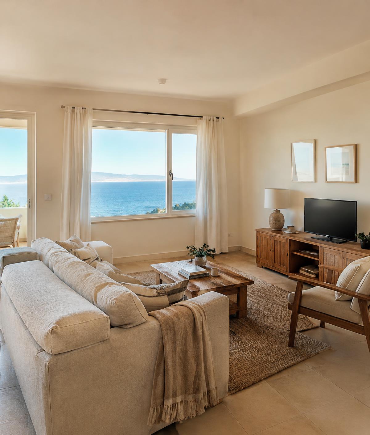 Bright holiday apartment living room with sea view (illustrative)