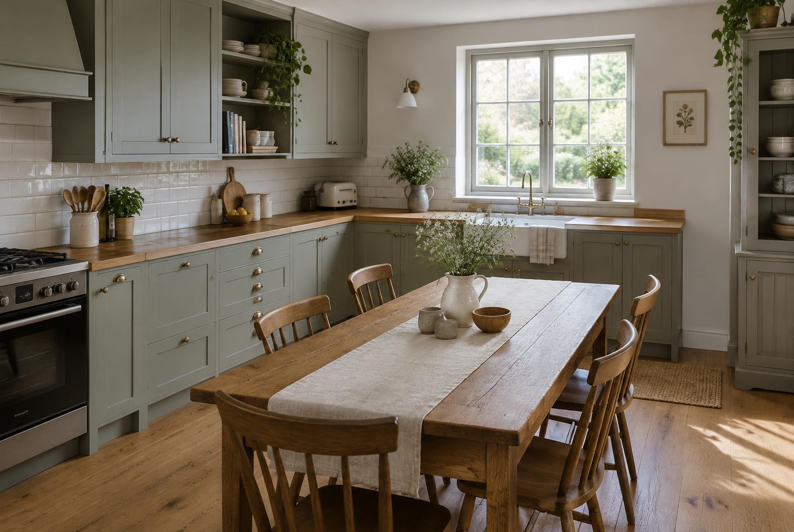 Sage-green shaker kitchen with oak farmhouse dining table