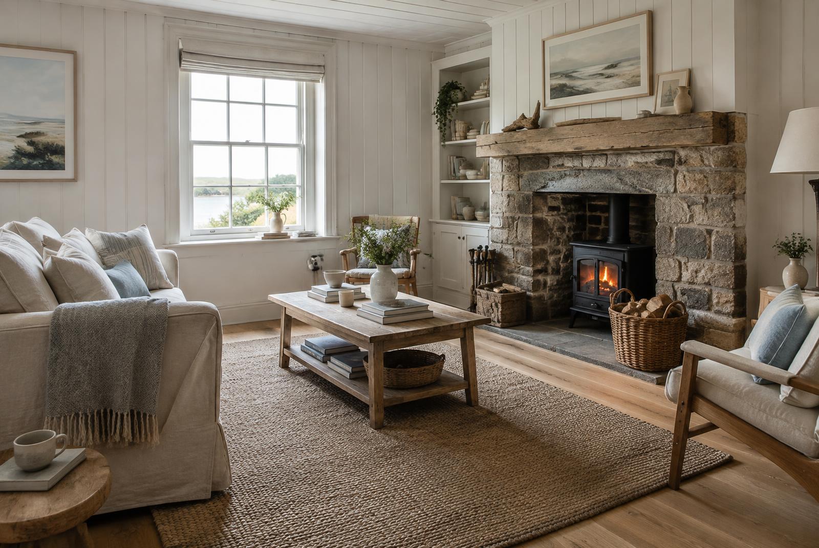 Living room with linen sofa, stone fireplace and wood burner